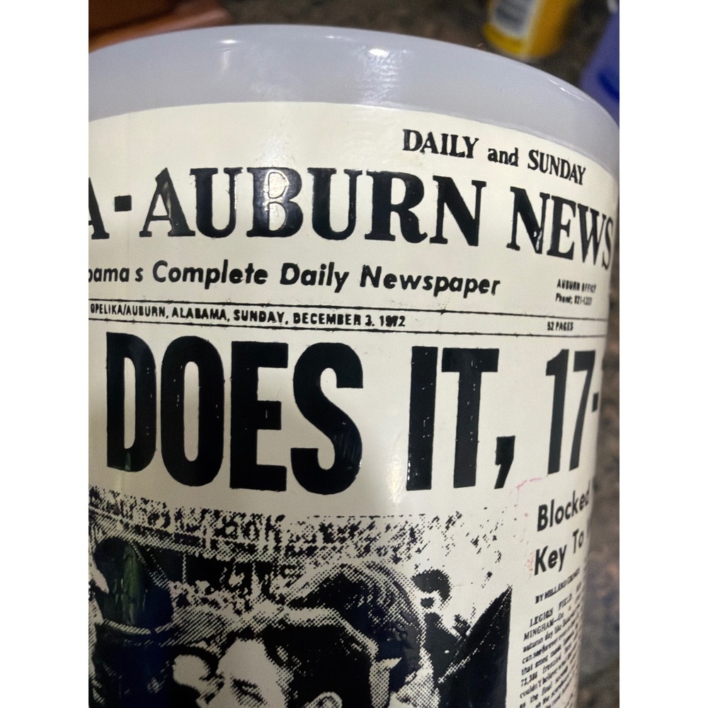 Vintage Fire-King Auburn Does It 17-16 Punt Bama Punt 1972 Milk Glass Mug News - Picture 5 of 5